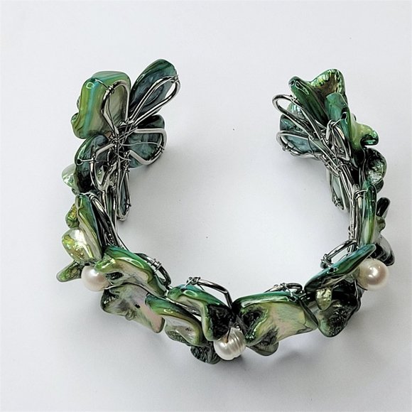 Green Pearl Adjustable Cuff Bangle Bracelet- NEW - Picture 12 of 13